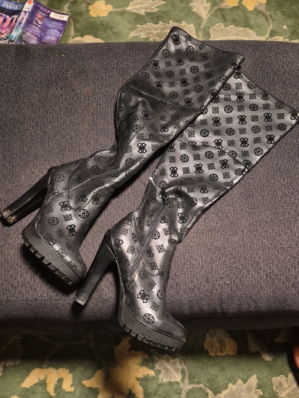 Guess Black Over-the-Knee Patterned Platform Heeled Boots